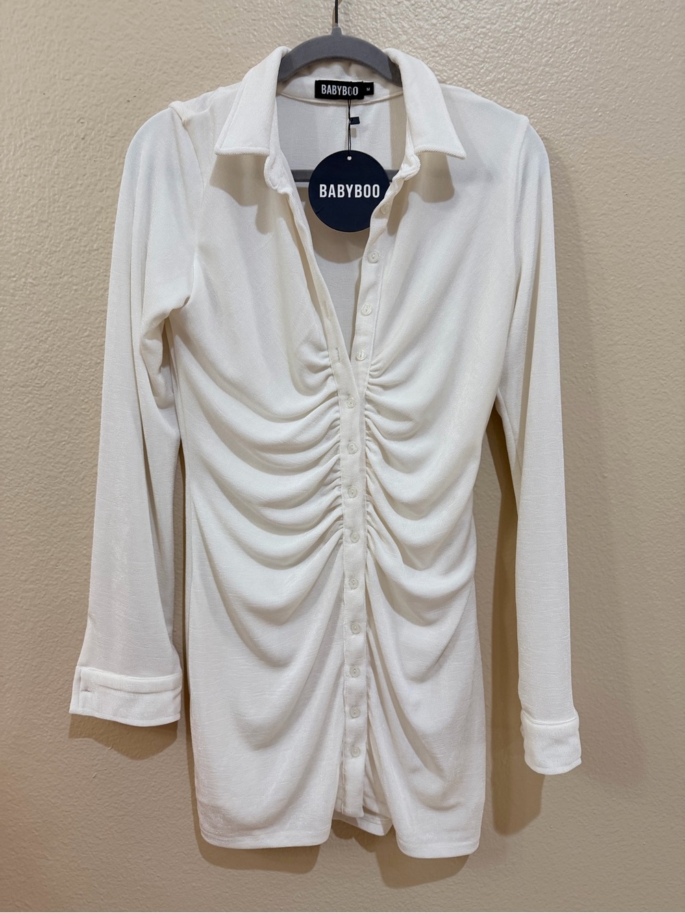 NWT Babyboo Fashion Kyesha Mini Dress White Ivory Ruched Button Front Size M NEW